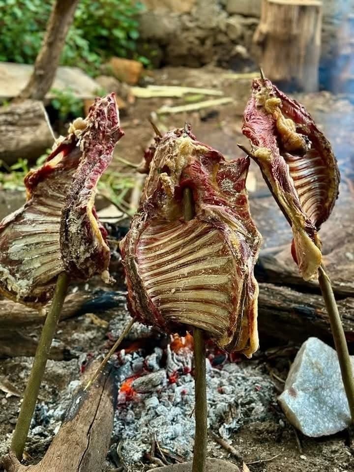 Meat grilling on skewers over an open fire