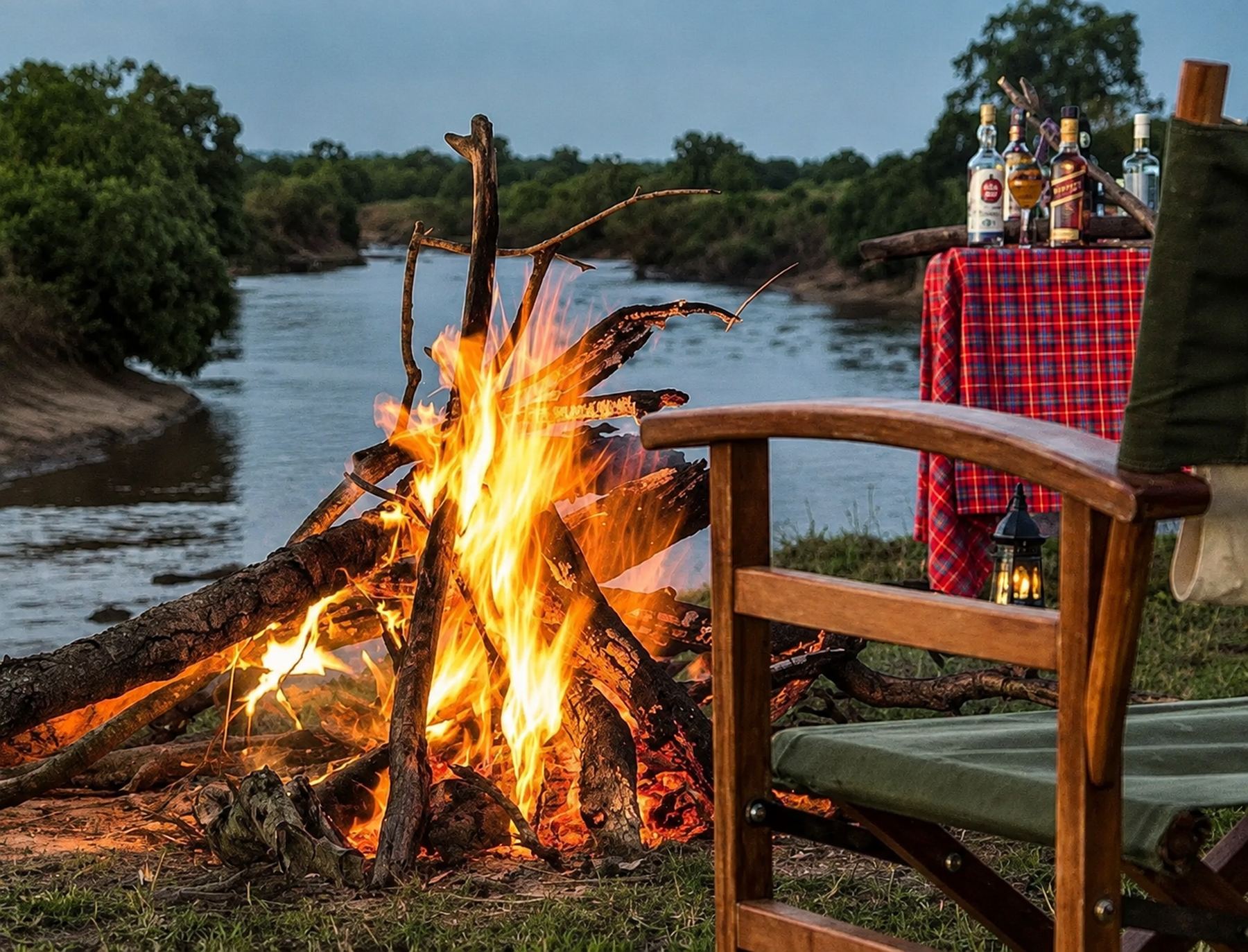 Bonfire on the riverbank at dusk, with a drinks table and camp chair beside the water
