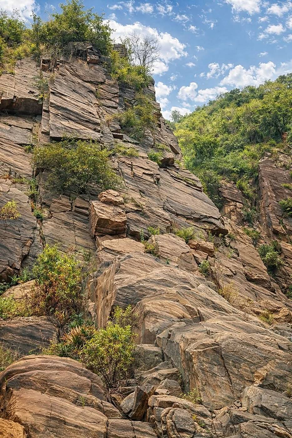 Layered rock cliffside on the Nguruman Escarpment under a blue sky
