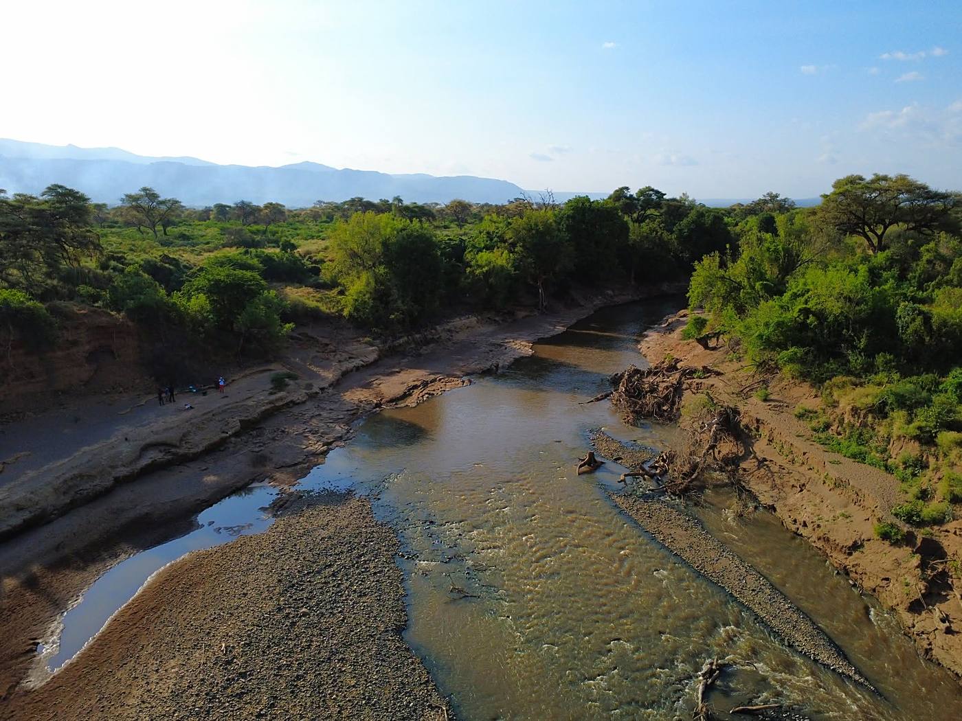 Aerial view of the Ewaso Ng'iro River bending through the gorge